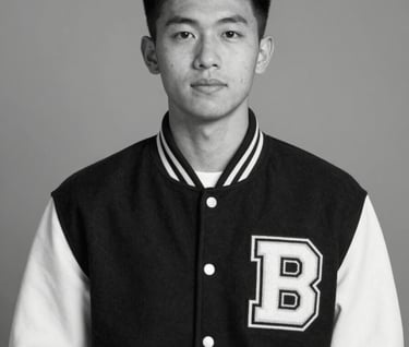 A black and white professional photo of the student-athlete in a letterman jacket, representing academic pride and community leadership. The composition is clean and polished, highlighting a well-rounded candidate.