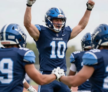 A dynamic shot of the athlete celebrating with teammates after a scoring play. This highlights leadership and team camaraderie. The lighting is bright and energetic, with jersey colors matching #1C2B3A and helmet highlights in #8FAEC0.