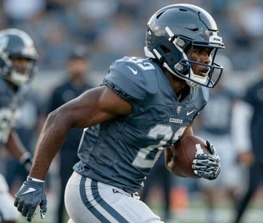 Side profile of the running back on the sidelines, helmet off, showing leadership and focus. Intense, gritty lighting. Palette: #1C2B3A, #3A5A7A, and #8FAEC0.