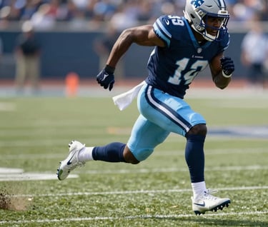 A high-speed capture of a running back sprinting down the sideline, turf flying up from cleats. Cinematic depth of field, focused on speed and form. Colors reflect a professional athletic vibe with #1C2B3A and #ECF2F8 accents.