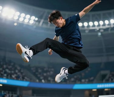 Action shot of the athlete making a juke move, athletic precision captured in mid-air. Background features stadium lights in the #1C2B3A and #3A5A7A range.