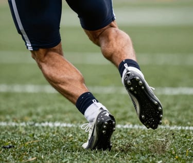 A high-speed photograph of a running back's cleats digging into the turf, throwing up grass and dirt. Focus is sharp on the power of the lower body. Lighting is dynamic and professional, fitting the athletic excellence theme.