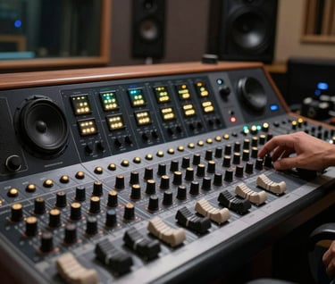 Modern audio equipment and soundboards with tiny glowing gold indicators in a darkened, high-end recording studio in Morocco.