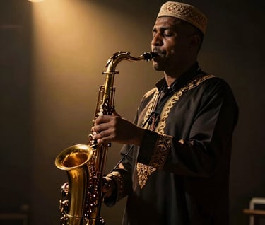 The silhouette of a North African / Moroccan man playing a saxophone against a dark, moody background with a single gold spotlight casting a warm glow.