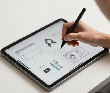 A designer's hand sketching UI concepts on a high-end tablet with a digital pen. The lighting is crisp and clear, highlighting a professional creative process within a bright, off-white studio in a Global / Digital Professional context.