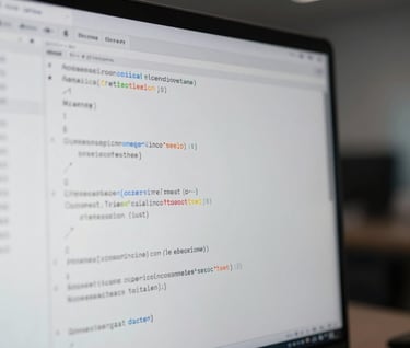 A close-up photograph of a screen displaying clean, sophisticated code with a shallow depth of field. The environment is a professional, dimly lit office with cool charcoal and slate gray tones, emphasizing a focused tech development vibe.
