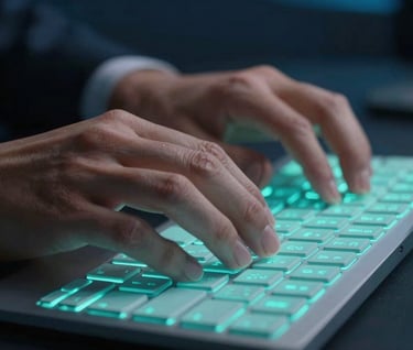 Macro shot of a digital professional's hands typing on a high-tech keyboard. The keys have a soft bright teal glow. The surrounding environment is a professional dark charcoal blue office at night. Sharp focus on the fingertips.