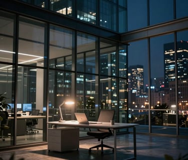 A professional wide shot of a modern, glass-walled office at night with city lights in the background. A single desk is illuminated by a warm lamp, showcasing the high-tech lifestyle of a Global / Digital Professional.