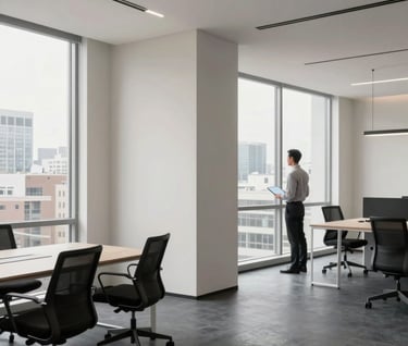 A clean and airy modern office interior. Large windows show a cityscape. The interior uses a palette of pale off-white and dark slate gray. A global digital professional is standing near a window.