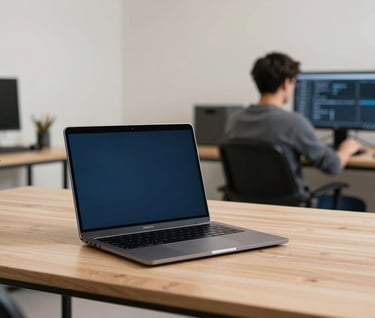 A wide shot of a creative workspace. A laptop sits on a light wood desk in a pale off-white room. In the background, a digital professional is visible but out of focus. The atmosphere is tech-savvy and productive, with hints of dark charcoal blue.