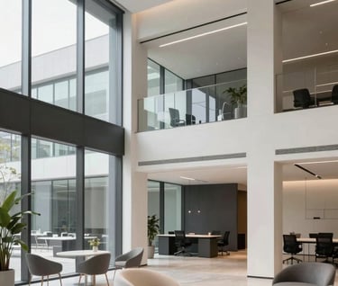 A wide shot of a contemporary office lobby with glass walls and minimalist furniture. The color scheme is dominated by off-white and dark gray, capturing a sophisticated business atmosphere for a Global / Digital Professional.