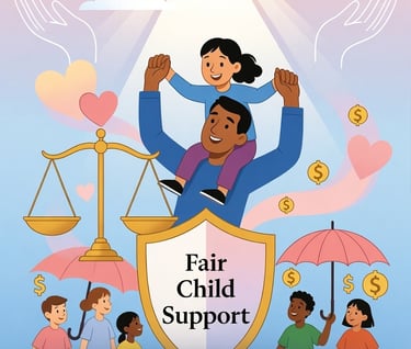 a father raises his child on his shoulders with the scales of justice in the forefront 