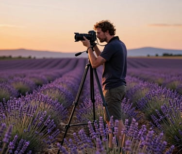 A landscape photographer uses a tripod-mounted DSLR camera to capture a blooming lavender field at sunset.