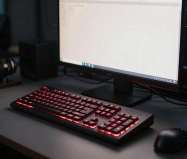 A cinematic shot of a professional workstation in a dim room. A glowing editing console with deep red backlit keys sits in the foreground, with off-white light from a monitor reflecting on a polished dark grey surface.