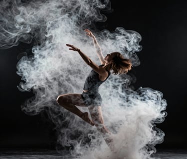 Action shot of a dancer moving through a cloud of smoke, captured with a fast shutter speed to freeze the motion. Lighting is high-contrast cloud white on a deep black background, conveying raw energy.