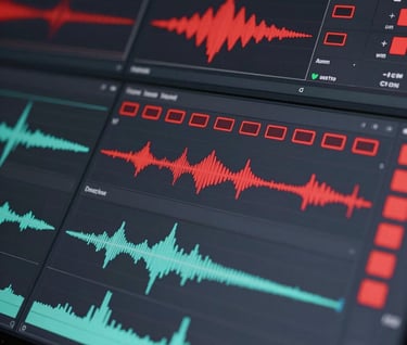 An abstract, graphic shot of digital editing waveforms and color grading panels. The colors are strictly dark charcoal grey and deep black, punctuated by vibrant crimson red status icons.