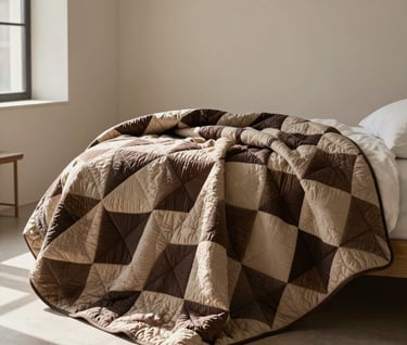 A professional interior photograph showing the Geometric Bloom quilt draped elegantly over the foot of a bed in a sunlit room. The room has neutral walls in a delicate cream and minimal furniture, allowing the warm taupe and deep espresso of the quilt to be the focal point.