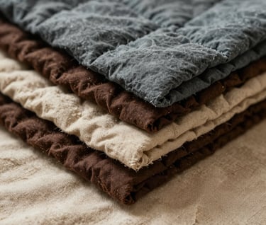 Close-up detail of quilt fabric textures. Layers of warm slate, dark espresso, and soft sand linen are stacked. The composition focuses on the raw edges and the handcrafted quality of the textile.