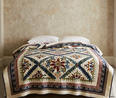 A lifestyle shot of the Forest Path quilt laid flat across a minimalist bed with high-end linens. The room is bright and airy with antique parchment walls. The quilt acts as a sophisticated focal point, showcasing its intricate pattern and handcrafted elegance.