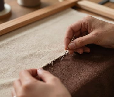 A lifestyle shot of the quilter's hands working on a frame. The hands are holding a silver needle, passing through layers of soft sand and deep espresso fabric. The scene is lit with warm, inviting indoor lighting, emphasizing the handcrafted nature of the work.
