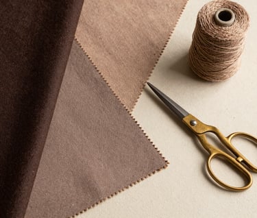 A flat lay of fabric swatches and spools of thread used for the project. The palette includes deep espresso, warm taupe, and soft sand. A pair of vintage brass scissors rests beside the materials on a delicate cream textured surface.