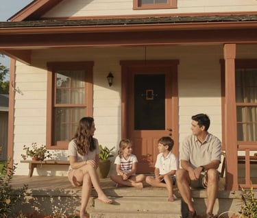 A heartwarming wide shot of a family sitting on the front porch of a classic North American / US craftsman-style home. The composition is narrative-driven, showing them in a relaxed, sun-drenched afternoon. Terracotta and soft sand hues throughout.