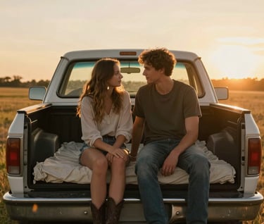 A cinematic shot of a young couple sitting in the bed of a vintage pickup truck during sunset in a North American / US rural area. Warm golden lighting, soft focus on the background fields, authentic and intimate connection.