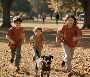 An unscripted moment of a family running through a park with their dog, North American / US park setting. Sun-drenched environment, warm tones of soft brown and terracotta, highly authentic and narrative-driven style.