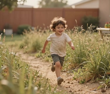 A playful, mid-shot of a young child running through tall grass in a North American / US backyard. The lighting is warm and hazy, capturing a sense of freedom and authentic joy. Soft sand and natural terracotta tones.