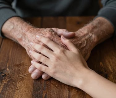 A close-up, artful photograph of two sets of hands—an older hand and a young hand—resting on a rustic wooden table in a North American / US home. The lighting is soft and moody, emphasizing textures and genuine connection. Deep brown and charcoal shadows.