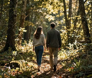 A medium shot of a couple walking away from the camera into a sun-drenched North American forest clearing. The lighting is cinematic with golden rays filtering through the trees. The style is artful and natural, showcasing beautiful imperfections of a real-world moment.