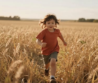 Authentic lifestyle photography of a young child running through tall, golden grass in a rural North American / US field. Sun-drenched, backlit hair, cinematic motion, warm and inviting atmosphere with terracotta and soft sand tones.