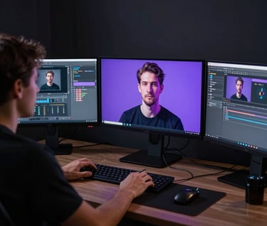 A digital creator working on a multi-monitor setup in a dark room. The screens cast a light purple glow on their face. The setting is a professional studio in a major North American city.