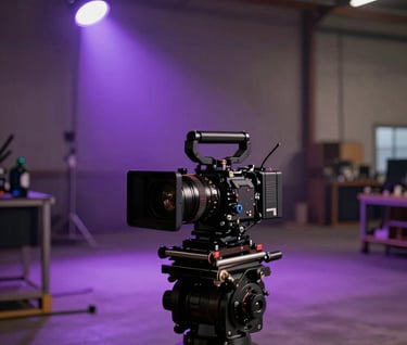 A cinematic behind-the-scenes shot of a film set in a North American warehouse. The camera rig is in the foreground, with deep purple stage lights casting long shadows. The style is edgy and professional, highlighting media production services.