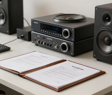 A professional desk in a North American office featuring high-end audio equipment and leather-bound contracts, illuminated by mysterious, soft off-white light.