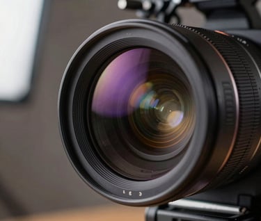 A close-up of a high-end cinema camera lens reflecting a dimly lit production set in a North American studio, with subtle deep purple light flares hitting the glass.