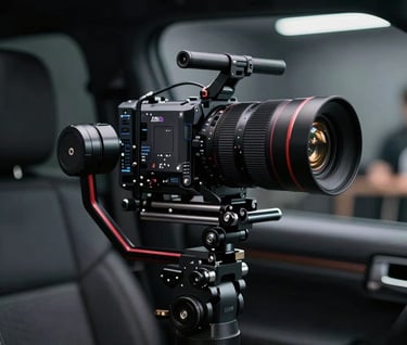 A close-up action shot of a professional camera rig on a gimbal, filming a sleek interior space in Sydney. The lighting is low-key and professional, highlighting the high-tech equipment against a dark, out-of-focus background.