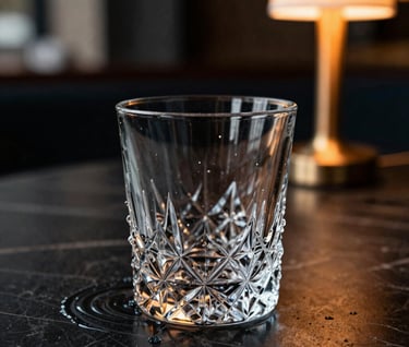 Close-up macro photography of a crystal glass on a dark marble table, sharp focus on the water ripples, cinematic lighting with orange accents from a nearby lamp in a Sydney restaurant.