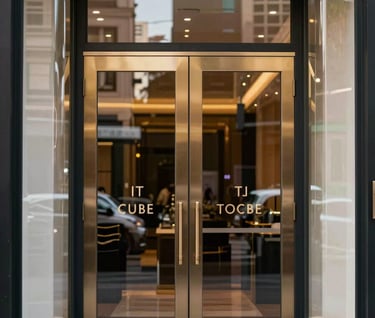 A vertical social-media-style portrait of a luxury boutique entrance in Sydney. The shot is clean and centered, featuring modern typography on the door and a reflection of the Sydney streetscape in the glass.