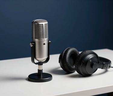 High-quality studio equipment, including a vintage microphone and professional headphones, resting on a clean desk in a Latin American / Spanish creative workspace. The aesthetic is modern and minimalist with deep slate blue shadows.