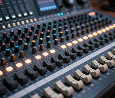 Modern audio mixing console with glowing lights in a high-end Latin American / Spanish production suite. Sleek aesthetic with Dark Navy and Soft White color palette.