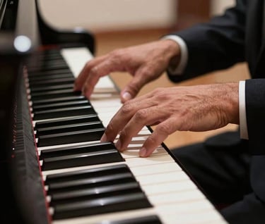 Close-up photography of a pianist's hands playing a grand piano in a Latin American / Spanish cultural center, soft lighting casting steel grey shadows, elegant and artistic composition.
