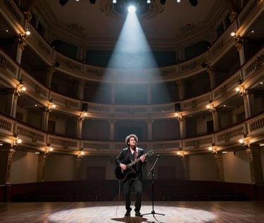 A wide-angle shot of a musician performing on a dimly lit stage in a beautiful Latin American / Spanish theater. The atmosphere is intimate and captivating, with a single spotlight in a cool grey blue hue.