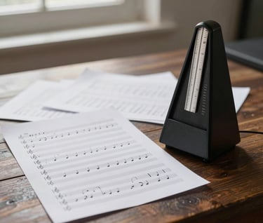Handwritten musical scores and a metronome on a dark wooden table in a creative Latin American / Spanish studio. Soft natural light coming from a window, Slate Grey and Soft White accents.