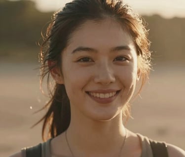 A cinematic portrait of Sarah smiling softly, her hair backlit by the golden afternoon sun. The image uses warm brown and soft sand tones to create a friendly, approachable mood.