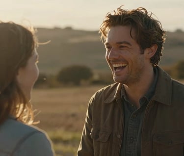 A candid photograph of Tom laughing heartily while looking at Sarah. The scene is sun-drenched with golden hour light, creating a natural lens flare. Cinematic style with warm brown tones in the environment.