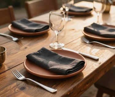 A lifestyle shot of an outdoor wooden table set for dinner, terracotta plates and charcoal napkins, warm golden hour glow.