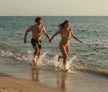 A cinematic photograph of a couple running playfully into the shallow ocean water. The scene is bathed in warm golden hour light, with soft sand in the foreground and a cinematic, authentic feel.