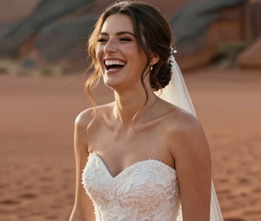 A candid vertical portrait of the bride laughing, her hair catching the warm sunlight. The background is a soft blur of terracotta-colored earth and charcoal rock faces.