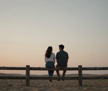 A wide-angle cinematic shot of the couple sitting together on a weathered wooden fence. The sky behind them is a soft sand gradient at dusk, creating a romantic, authentic silhouette.